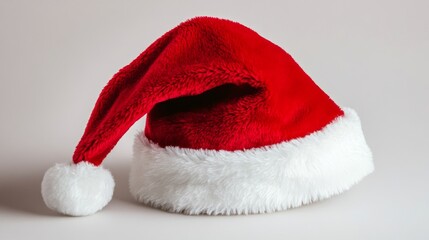 Festive red Santa hat with a white fluffy trim placed neatly on a white background