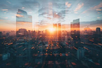 Obraz premium A city skyline with a sun shining on it, generative ai image