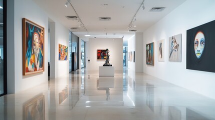 A modern art gallery with sleek white walls displaying a collection of vibrant contemporary paintings and sculptures