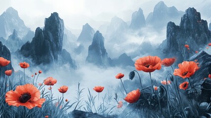 Obraz premium Featuring watercolor landscapes and floral elements, this wallpaper is modern and stylish