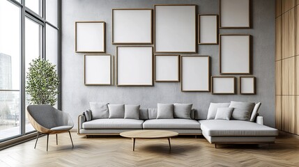 A modern apartment with a feature wall of empty frames, each with a unique design and finish, creating an art installation