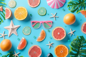 A colorful image of fruit and beach accessories, including sunglasses, a hat