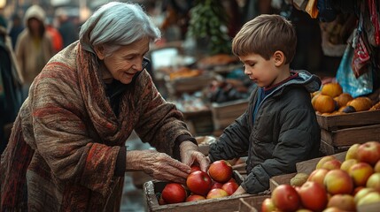 Fototapeta premium old women and a child with apples at the market