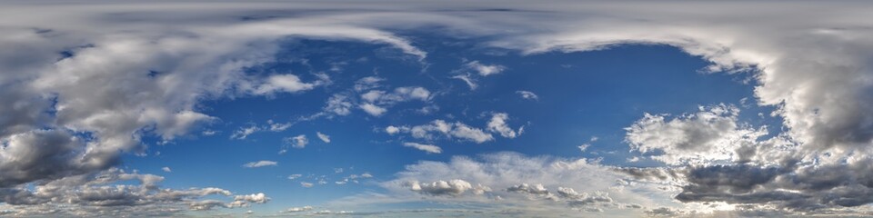 Fototapeta premium blue evening sky hdri 360 panorama with storm clouds before sunset with zenith for use in 3d graphics as sky dome or edit drone shot as sky replacement