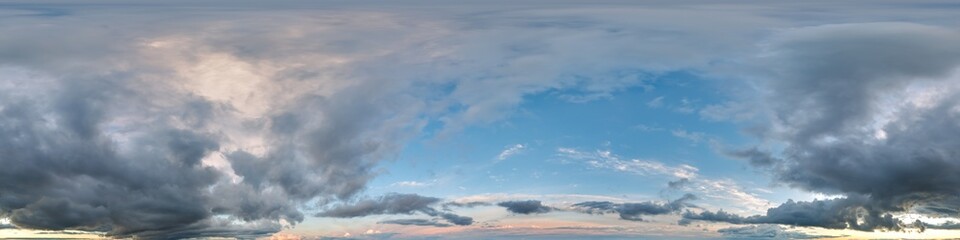 blue evening sky hdri 360 panorama with storm clouds before sunset with zenith for use in 3d...