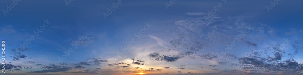 Poster blue evening sky hdri 360 panorama with clouds before sunset with zenith for use in 3d graphics as s