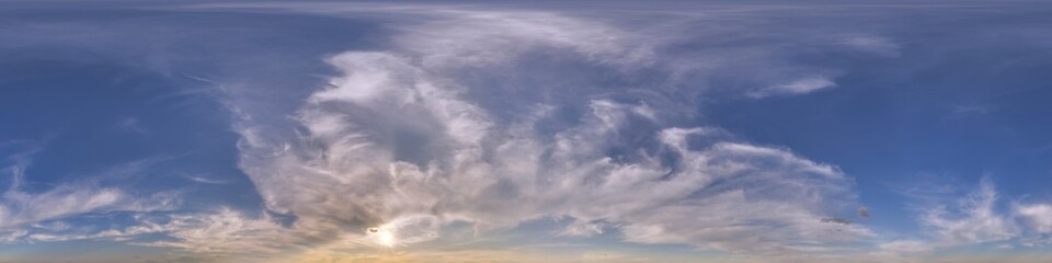 blue evening sky hdri 360 panorama with clouds before sunset with zenith for use in 3d graphics as sky dome or edit drone shot as sky replacement