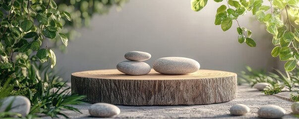 Wooden podium surrounded by natural stones and lush greenery creates a tranquil and zen-like atmosphere