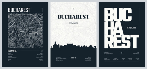 Set of travel posters with Bucharest, detailed urban street plan city map, Silhouette city skyline, vector artwork, set 2