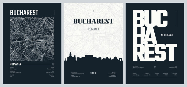 Set of travel posters with Bucharest, detailed urban street plan city map, Silhouette city skyline, vector artwork, set 2