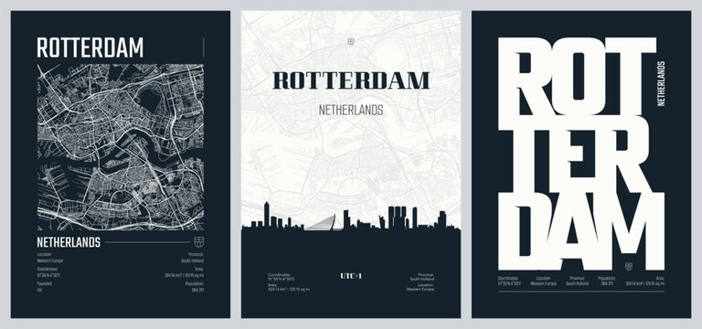 Set of travel posters with Rotterdam, detailed urban street plan city map, Silhouette city skyline, vector artwork, set 2