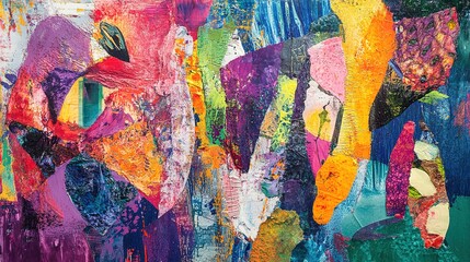 Fototapeta premium A mixed media artwork combining vibrant acrylic paints and textured materials on a large canvas, creating a visually striking composition