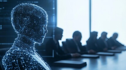Futuristic AI Lawyer Avatar Collaborating with Human Legal Team in Modern Conference Room