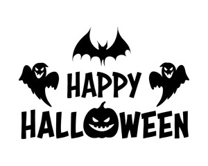 Happy Halloween vector lettering text with a sinister laughing ghosts, pumpkin and bat silhouette illustrations. Graphic monochrome banner. For Halloween party invitation, poster, decor, sticker.