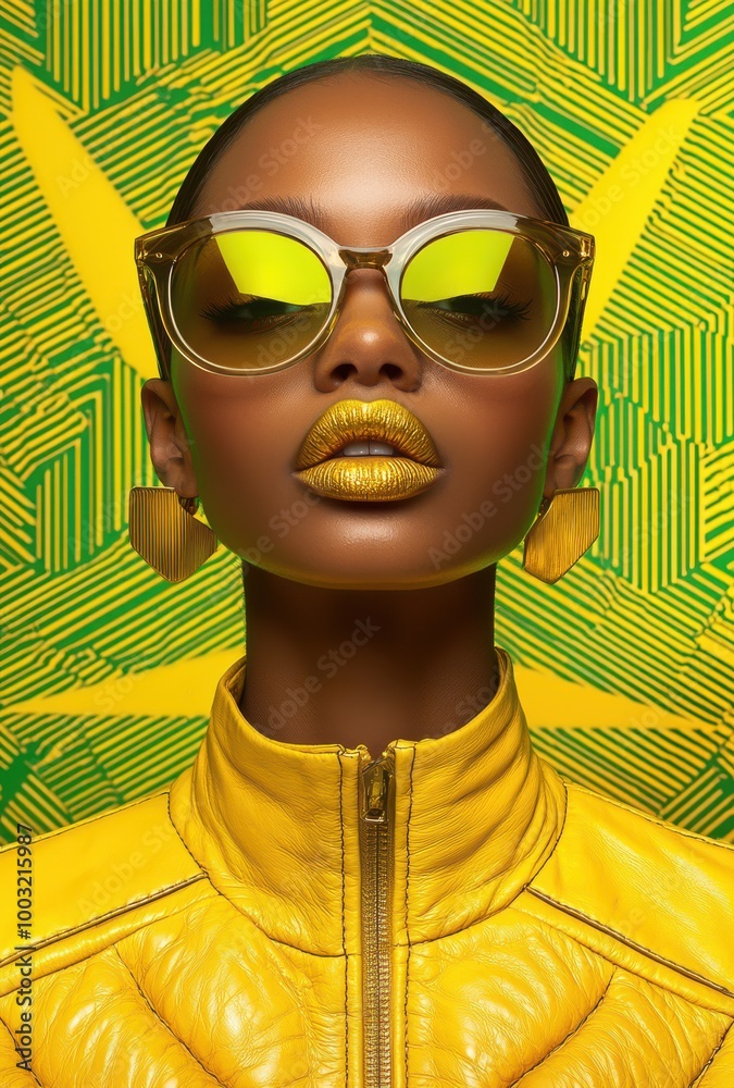 Wall mural Vogue fashion model in striking gold sunglasses and jacket with bold geometric background