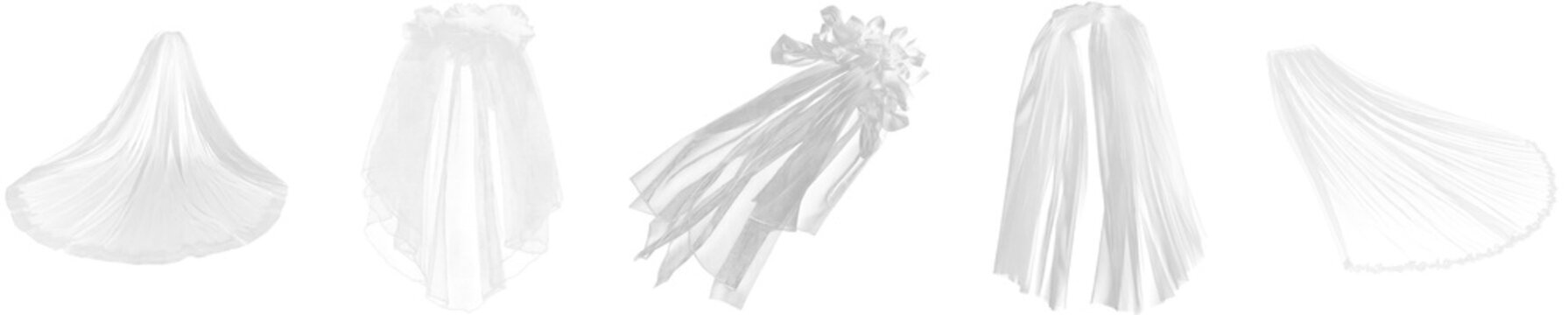 White wedding bridal veil, tulle fabric isolated on transparent background, PNG. Clipart template 