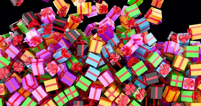 Falling gift boxes fill the screen. Colored gift boxes with red ribbon on transparent background,  3D animation