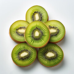 Fototapeta premium Five slices of kiwi with stacked slices, showing an interesting pattern, on a white background