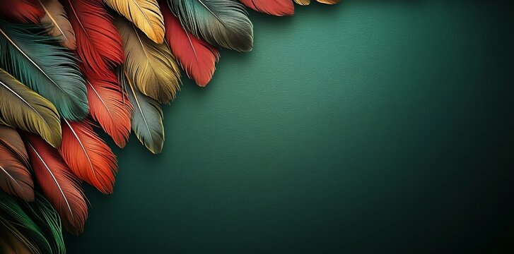 Colorful feathers on a dark green background. Interior decoration, Murali art.