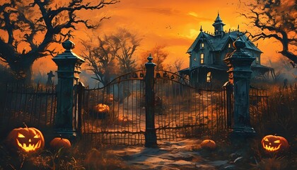 Halloween Horror with Haunted House, Cracked Windows, Creeping Gate, Graveyard, and Menacing Jack-o'-lantern