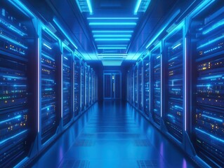 Fototapeta premium futuristic server room with rows of sleek, glowing equipment. cool blue lighting and high-tech atmosphere.
