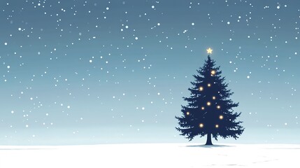 Fototapeta premium A minimalist Christmas tree silhouette against a snowy landscape, with just a few twinkling lights to add a touch of festivity