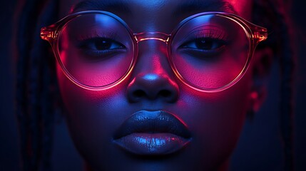 Close up portrait of young black woman wearing round glasses under pink and blue neon light