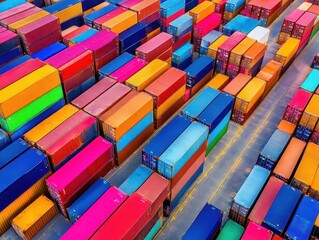 Fototapeta premium global trade hub aerial view of a vast container yard with neatly stacked shipping containers in vibrant colors, symbolizing international commerce and logistics