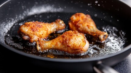 Golden, crispy Korean chicken drumsticks frying in a traditional Korean-style pan. Fry Korean-style crispy golden chicken drumsticks in a traditional pan.