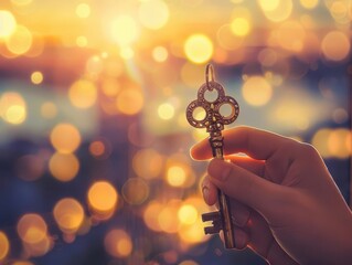 hand holding ornate key against backdrop of diverse properties, soft bokeh effect on buildings, warm golden light symbolizing opportunity, real estate concept