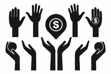 Set of silhouette black Hand with Dollar Coin line icon. Charity and Donation Concept. Financial Help for Needy. Sponsorship Supporter Linear Icon. Editable Stroke. Vector illustration
