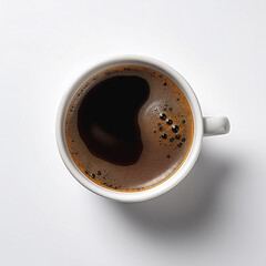 A cup of black coffee with froth on top, placed on a white surface