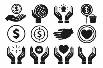 Set of silhouette black Hand with Dollar Coin line icon. Charity and Donation Concept. Financial Help for Needy. Sponsorship Supporter Linear Icon. Editable Stroke. Vector illustration