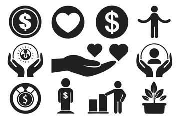 Set of silhouette black Hand with Dollar Coin line icon. Charity and Donation Concept. Financial Help for Needy. Sponsorship Supporter Linear Icon. Editable Stroke. Vector illustration