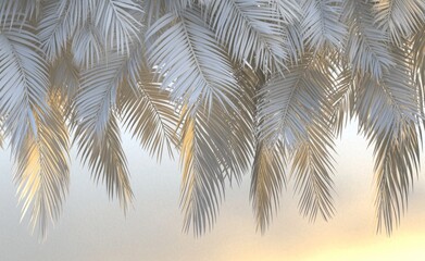 The grunge style photo wallpaper with tropical leaves has palm leaves and a gray background with large tropical leaves.