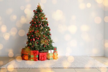 Christmas tree with presents near light wall in room. Banner for design