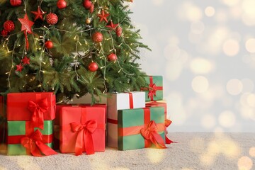 Christmas tree with presents near light wall in room