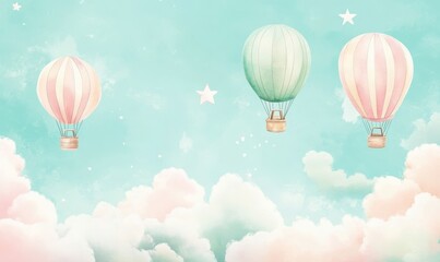 Fototapeta premium For a childish design, this seamless wallpaper has clouds, rainbows, and mountains. Blue and beige pastel colors are used.