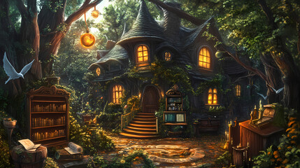 Fototapeta premium A secret academy for wizards and witches hidden in an enchanted forest, where magic is alive and teaches itself. Magic Academy. Illustration