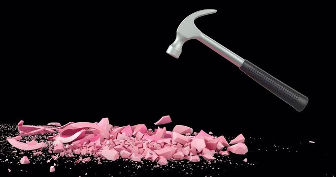 Hammer breaking Piggy Bank. 3D animation on transparent background