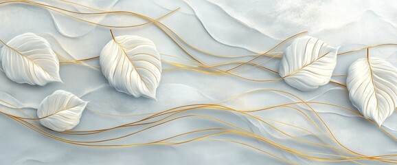 Stunning gold line art background with white tree leaves. Ideal for interior decor design, packaging design, wallpapers, and invitations.