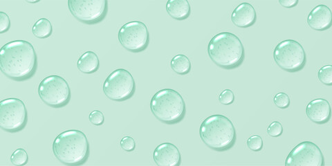 Mint serum drops background, transparent gel droplets, realistic glossy liquid, moisturizing cosmetic product, hyaluronic acid or fresh gel toothpaste concept. Vector illustration.