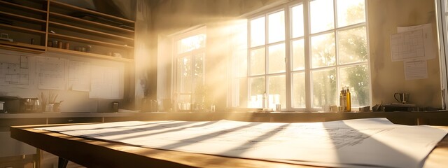 The blueprint is placed on the table in an unfinished kitchen, with sunlight streaming through the windows and highlighting details of modern home construction