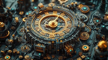 Close-up of a steampunk clock face with intricate gears and mechanisms.