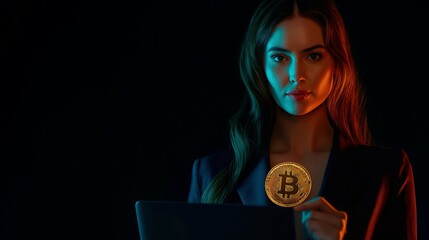 cryptocurrency bitcoin concept. young woman in suit holding a laptop with cryptocurrency bitcoin.