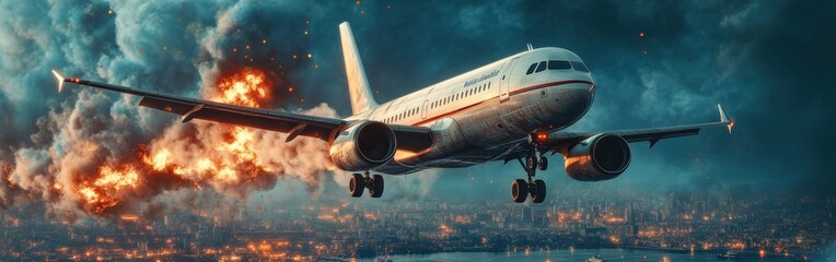 Obraz premium Airplane Emergency in Mid-Flight with Engine Fire and Smoke Trail