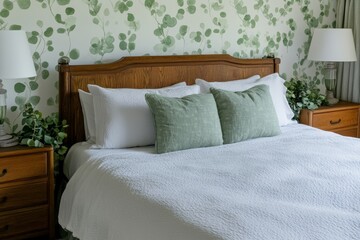 Obraz premium Floating wallpaper and wood furniture in a white and green farmhouse bedroom mockup. Stock photos.