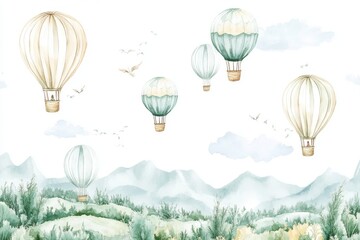 Obraz premium Illustration of children's watercolor background with seamless pattern and balloons flying in the sky.