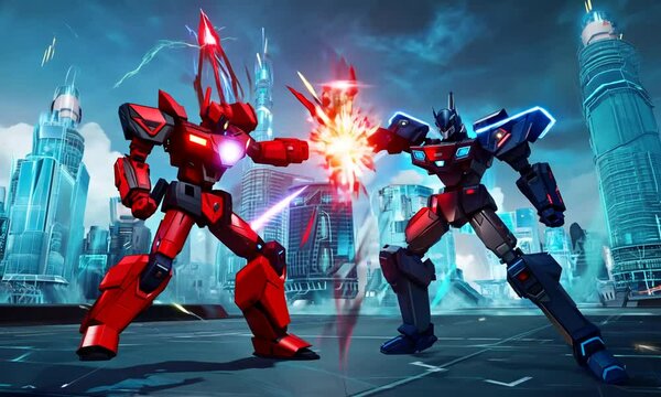 A futuristic anime mecha battle with robots clashing in a high-tech environment