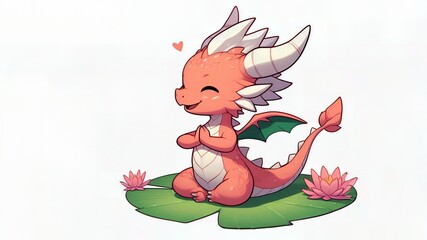 Naklejka premium Cute Baby Dragon on Lily Pad